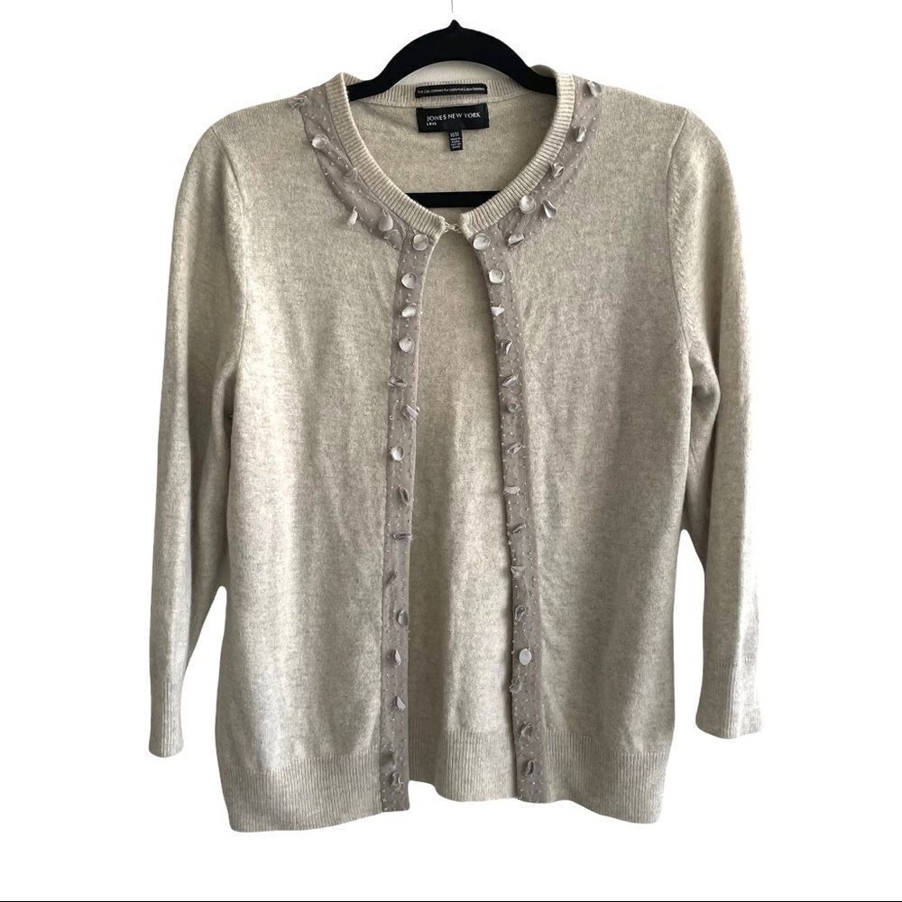 𝅺JONES NEW YORK Cashmere Embellished Cardigan Sweater Grey M